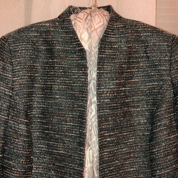 Kasper 6 Striped Elegant Evening Green White Orange Black Metallic Tweed Jacket - Picture 3 of 13